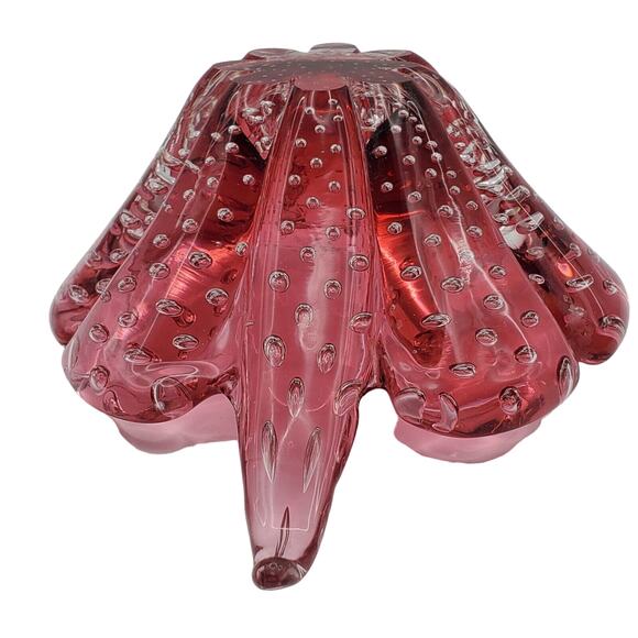 Small Murano Cranberry Art Glass Bowl Controlled Bubble Handle Dish Vintage Red - Picture 11 of 15